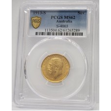 AUSTRALIA 1913 . ONE 1 SOVEREIGN . SYDNEY. GOLD . PCGS MS62